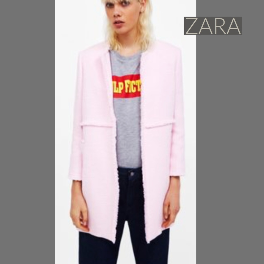 ZARA Pink Tweed Jacket Coat Sz M - Picture 2 of 6
